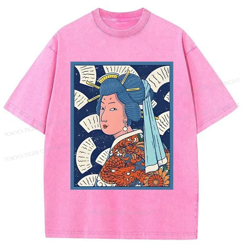 Tokyo-Tiger Ukiyoe Girl With Pearl Earring Washed T-Shirt