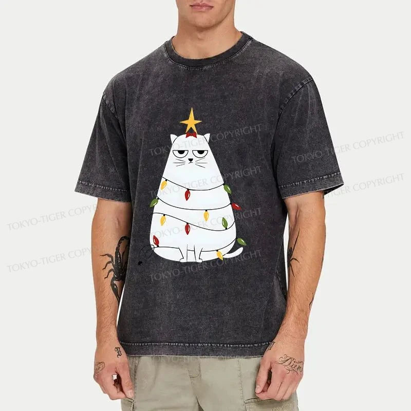 Tokyo-Tiger Chubby Cat Celebrates Christmas Washed T-Shirt