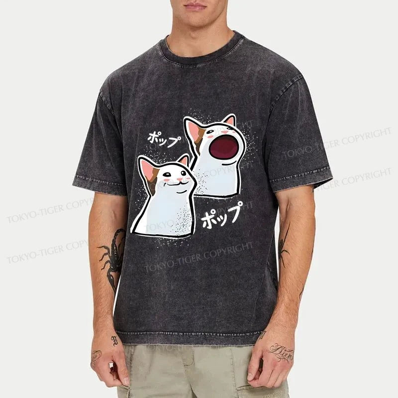 Tokyo-Tiger Popping Cat Meme Washed T-Shirt