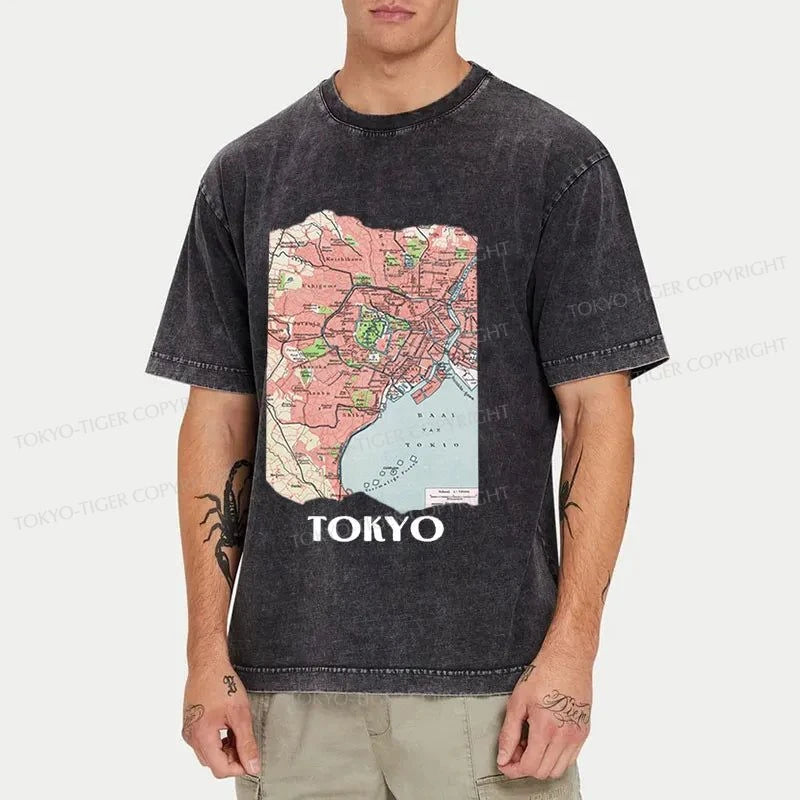 Tokyo-Tiger Tokyo City Vintage Map Washed T-Shirt