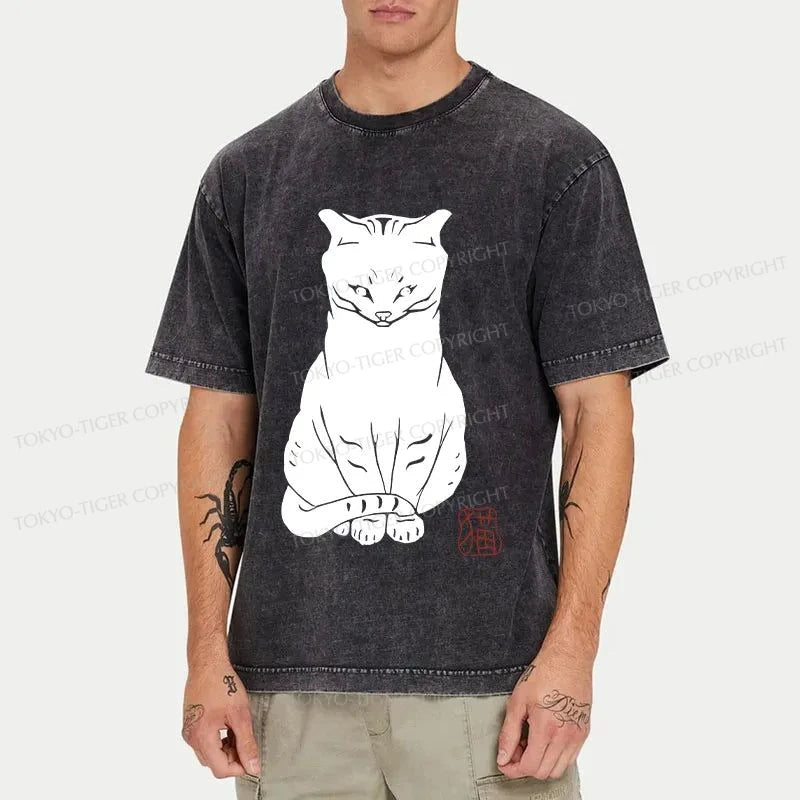 Tokyo-Tiger Black Cat Print Japanese Washed T-Shirt