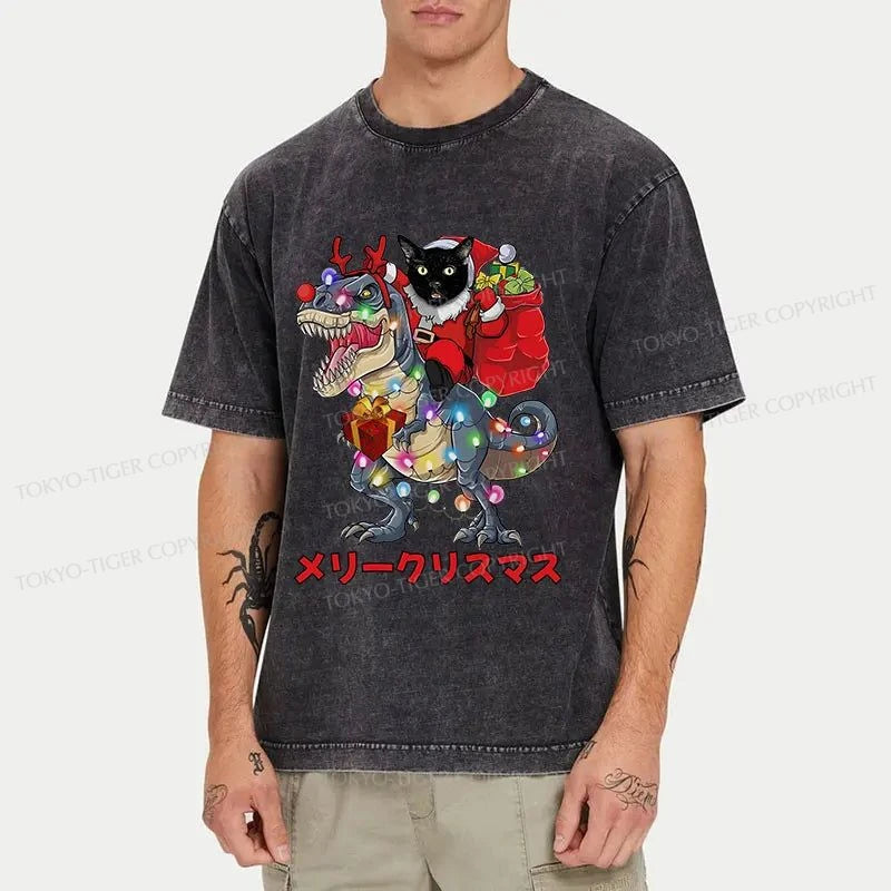 Tokyo-Tiger Cat Riding Dinosaur Christmas Washed T-Shirt