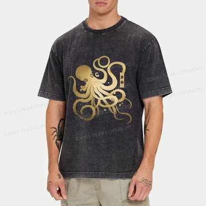 Tokyo-Tiger Japanese Calligraphy Version Of Octopus Washed T-Shirt