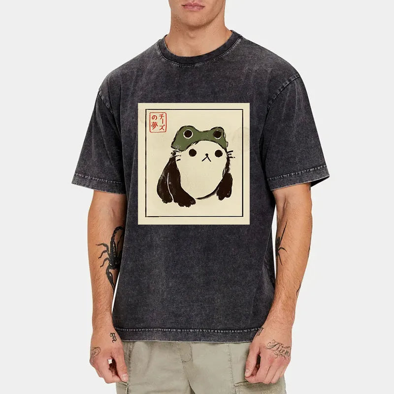 Tokyo-Tiger Cat In A Frog Hat Washed T-Shirt