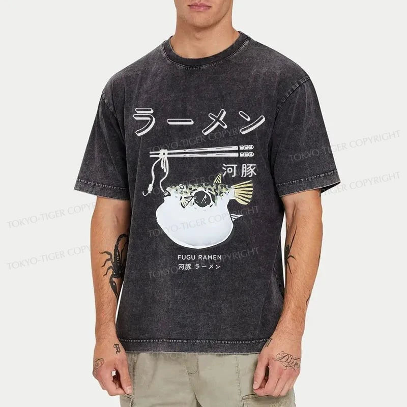 Tokyo-Tiger Pufferfish Eat Ramen Washed T-Shirt