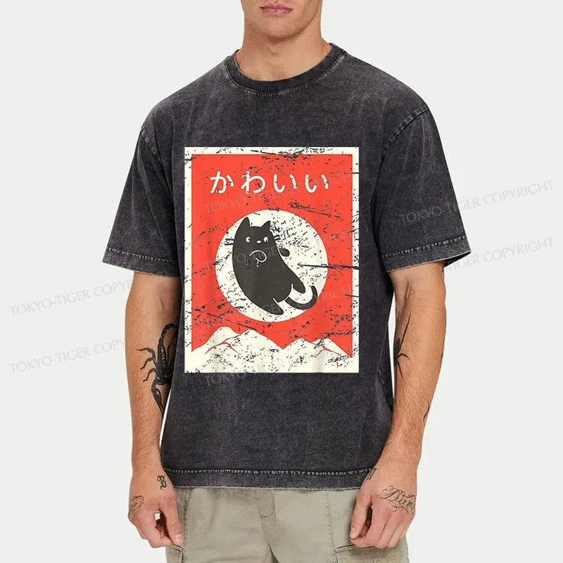 Tokyo-Tiger Cute Black Cat Japanese Washed T-Shirt