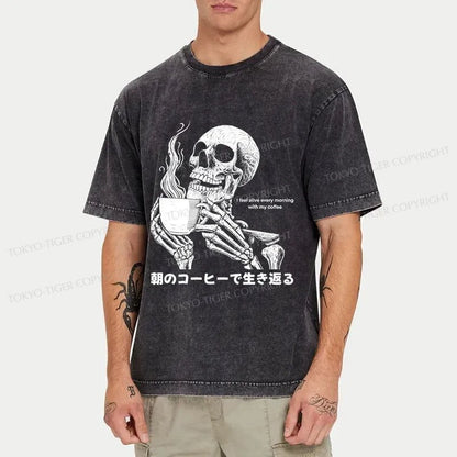 Tokyo-Tiger Skeleton Drinking Coffee Washed T-Shirt