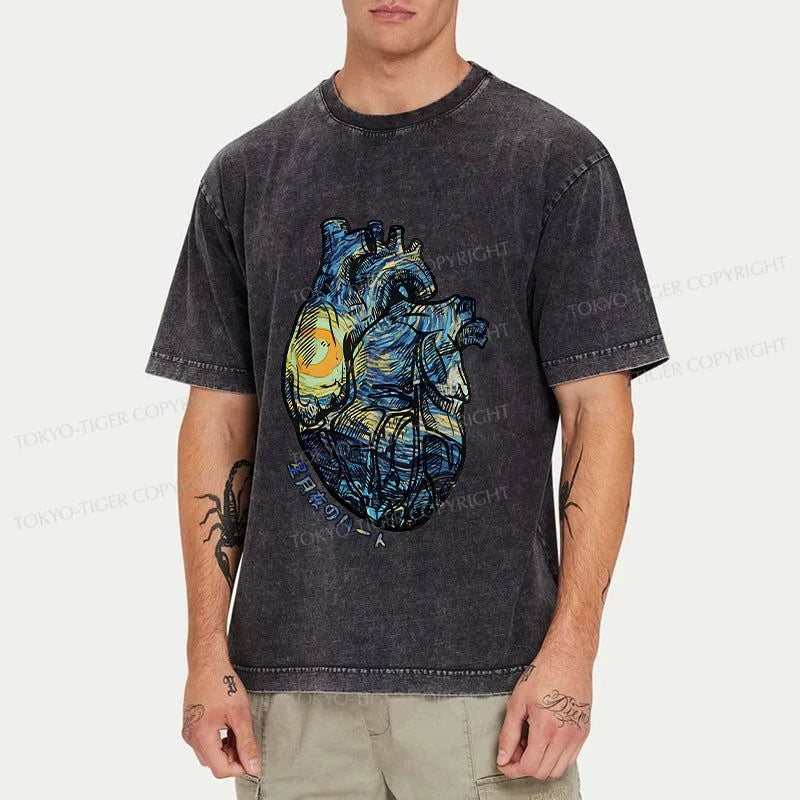 Tokyo-Tiger Van Gogh Starry Night Sky Heart Japanese Washed T-Shirt