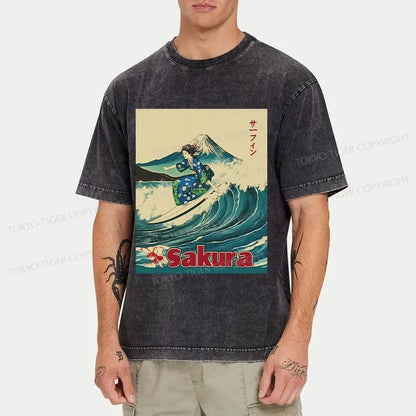 Tokyo-Tiger Geisha Surfing Washed T-Shirt