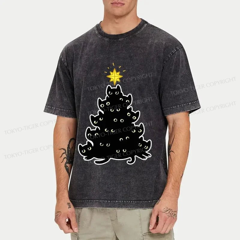 Tokyo-Tiger Black Cat Christmas Tree Washed T-Shirt