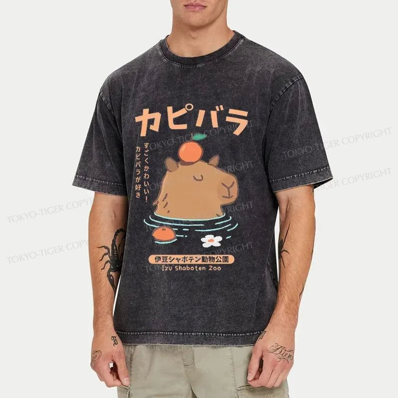 Tokyo-Tiger Capybara Soaking In Hot Springs Washed T-Shirt