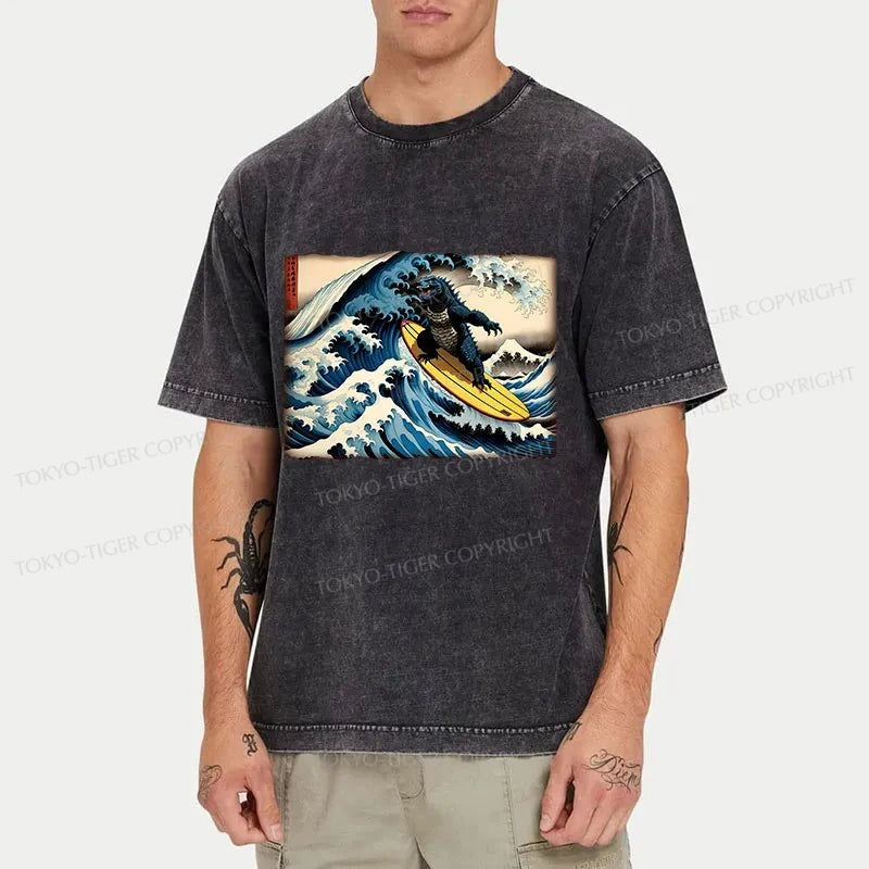 Tokyo-Tiger Dinosaur Surfing Japanese Washed T-Shirt