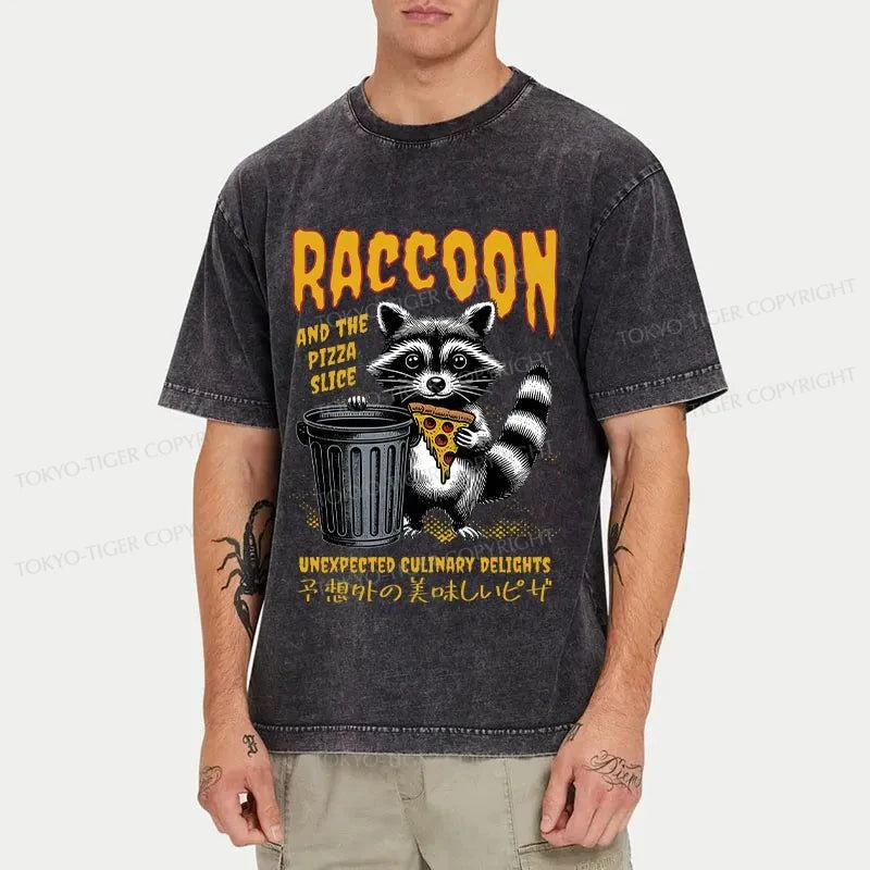 Tokyo-Tiger Raccoons Eat Pizza Washed T-Shirt