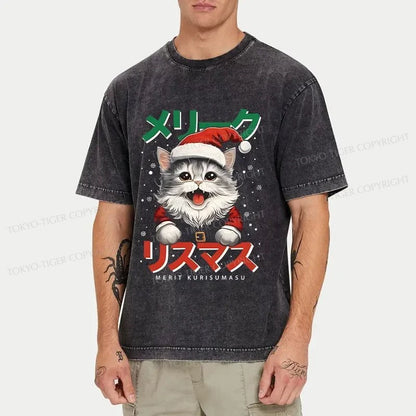 Tokyo-Tiger Cute Christmas Cat Washed T-Shirt