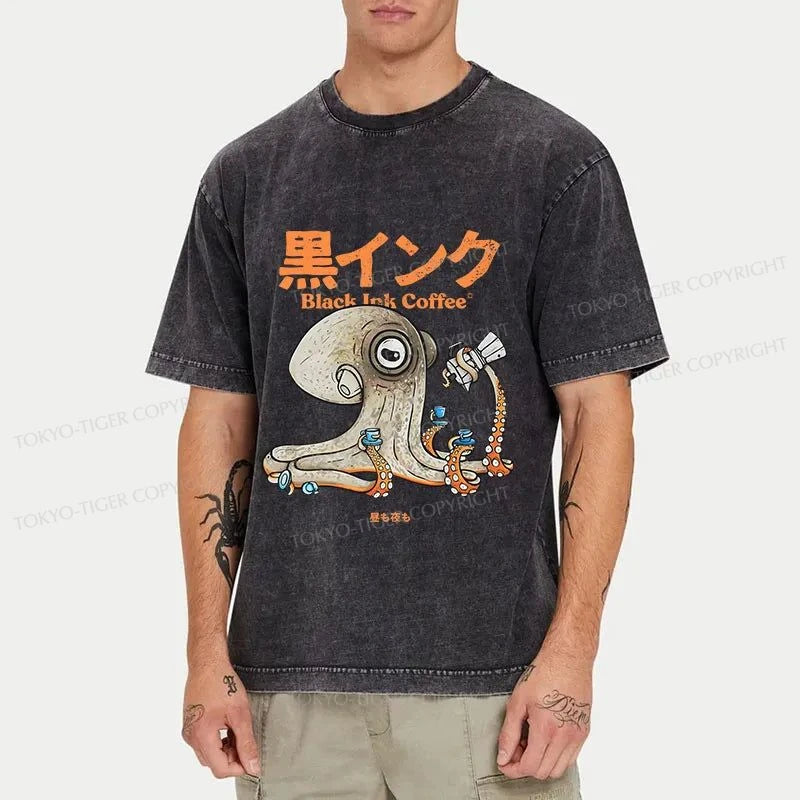 Tokyo-Tiger Octopus Drinks Black Coffee Washed T-Shirt