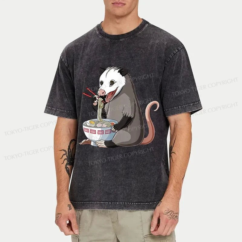 Tokyo-Tiger Possums Eat Ramen Noodles Washed T-Shirt