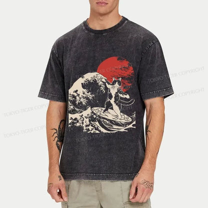 Tokyo-Tiger Cat Surfing Washed T-Shirt