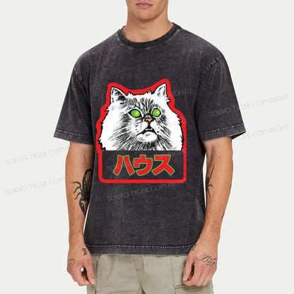 Tokyo-Tiger Residential White Cat Japanese Washed T-Shirt