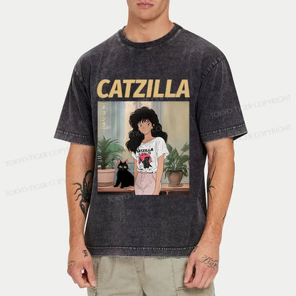 Tokyo-Tiger Catzilla And Girl Washed T-Shirt