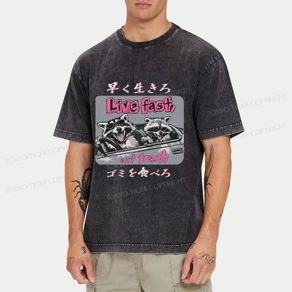 Tokyo-Tiger Live Fast Eat Trash Raccoon Japanese Washed T-Shirt