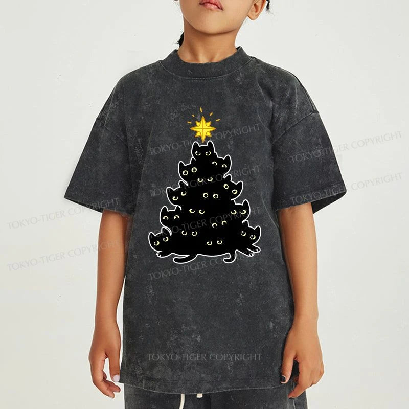 Tokyo-Tiger Black Cat Christmas Tree Kids Washed T-Shirt