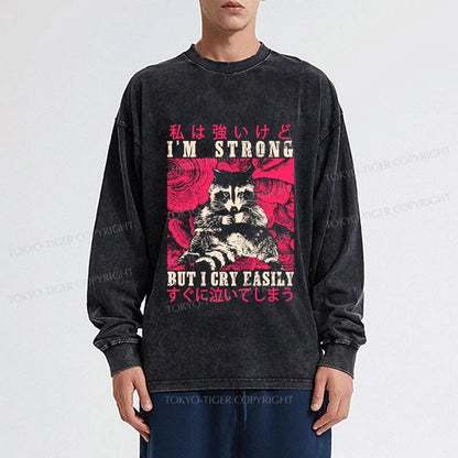 Tokyo-Tiger I Am Strong Raccoon Washed Long Sleeve T-Shirt