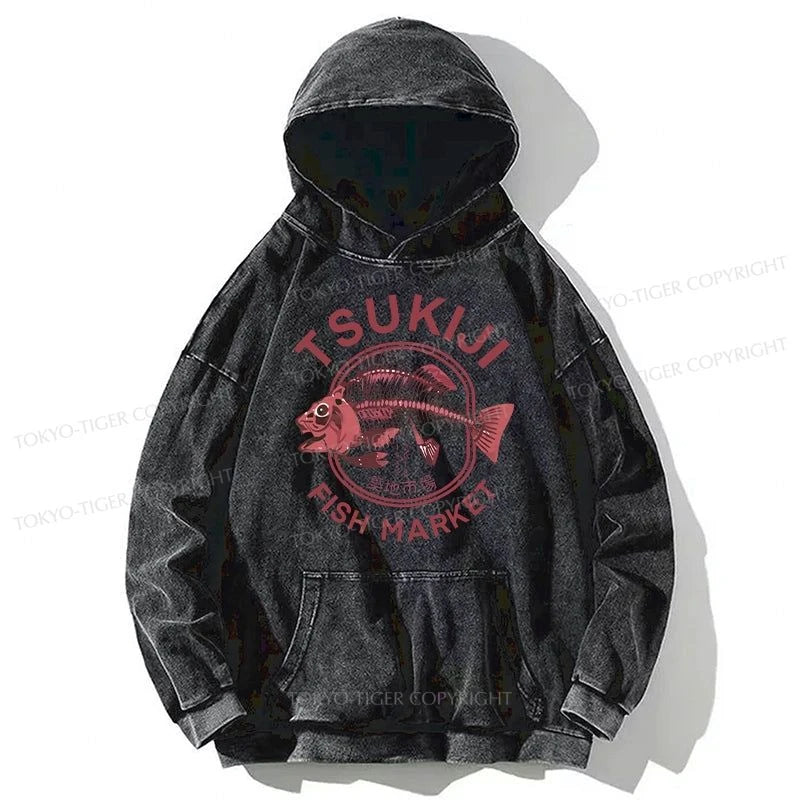 Tokyo-Tiger Tokyo Tsukiji Fish Market Vintage Japan Washed Hoodie