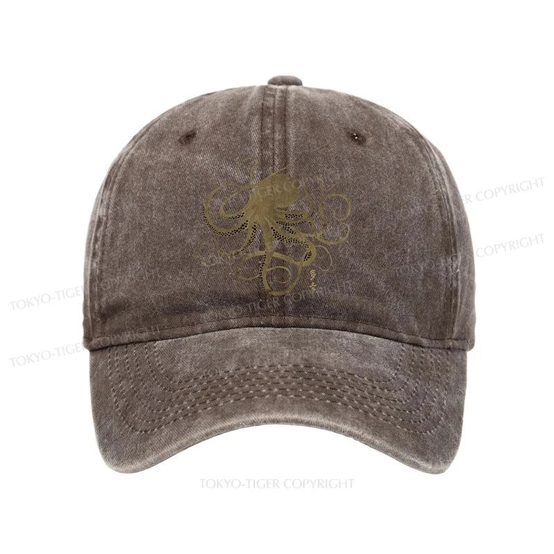 Tokyo-Tiger Octopus Japanese Gold Print Tattoo Washed Cap