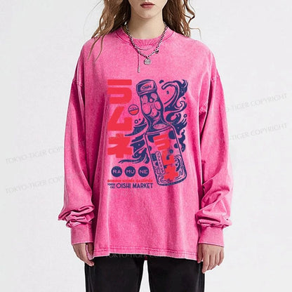 Tokyo-Tiger Ramune Print Japanese Washed Long Sleeve T-Shirt