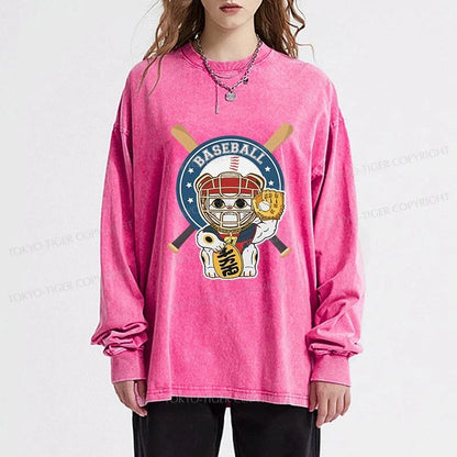 Tokyo-Tiger Janpaese Baseball Cat Washed Long Sleeve T-Shirt