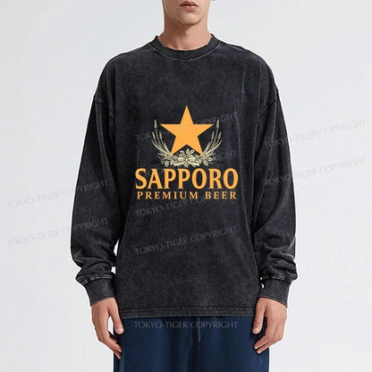 Tokyo-Tiger Sapporo Beer Logo Japanese Washed Long Sleeve T-Shirt