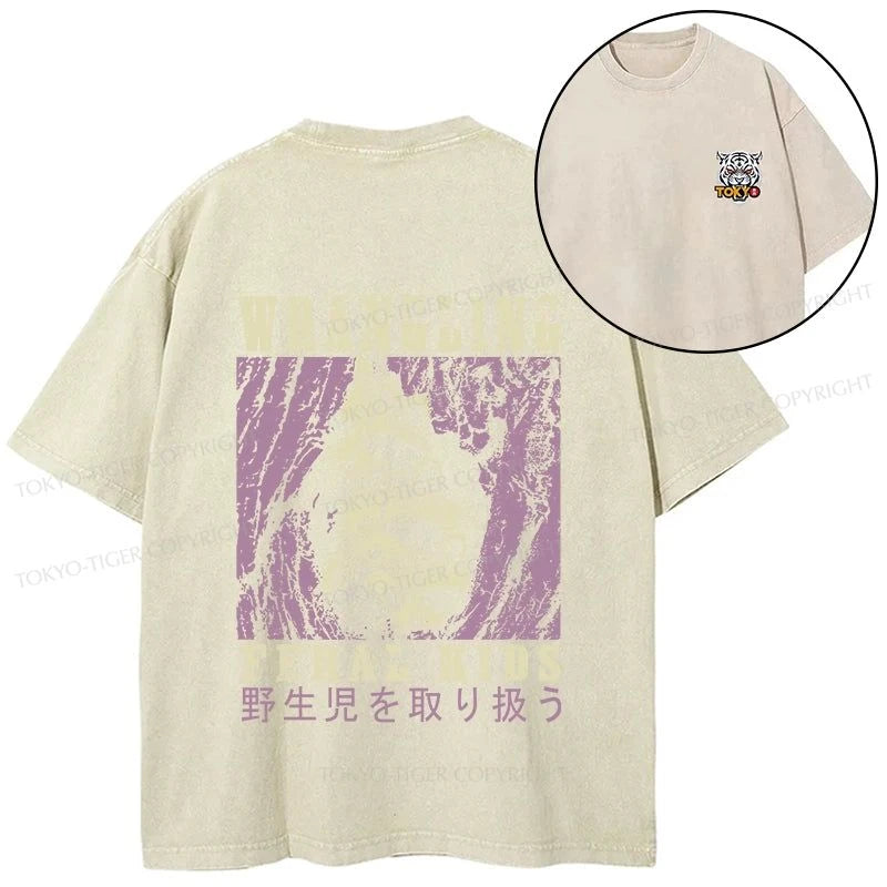 Tokyo-Tiger Wrangling Feral Raccoon Kids Front Back Washed T-Shirt