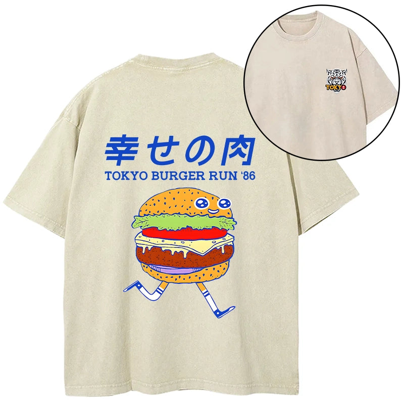 Tokyo-Tiger Tokyo Burger Run Japanese Front Back Washed T-Shirt