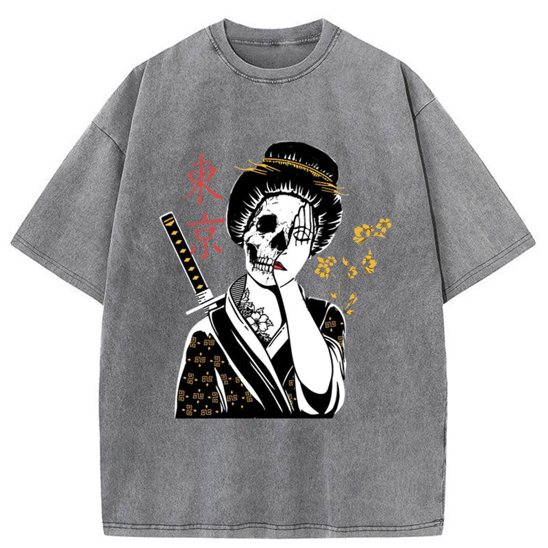 Tokyo-Tiger Geisha Shame Skull Samurai Washed T-Shirt