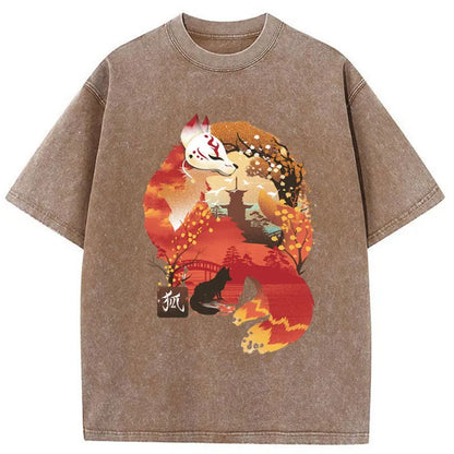 Tokyo-Tiger Japanese Kitsune Fox Washed T-Shirt