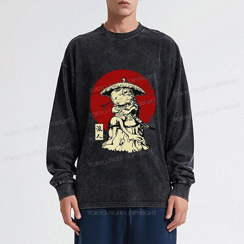 Tokyo-Tiger Rounin Japanese Frog Samurai Washed Long Sleeve T-Shirt