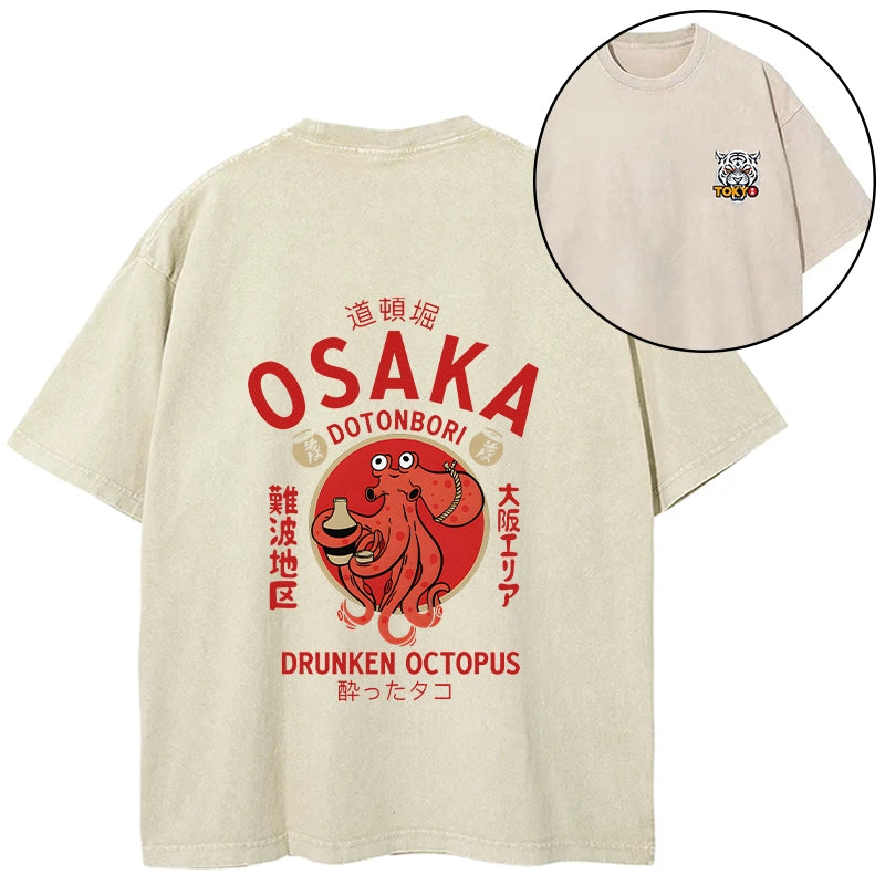 Tokyo-Tiger Drunken Octopus Japan Front Back Washed T-Shirt