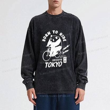 Tokyo-Tiger Pandas Ride Bicycles Washed Long Sleeve T-Shirt