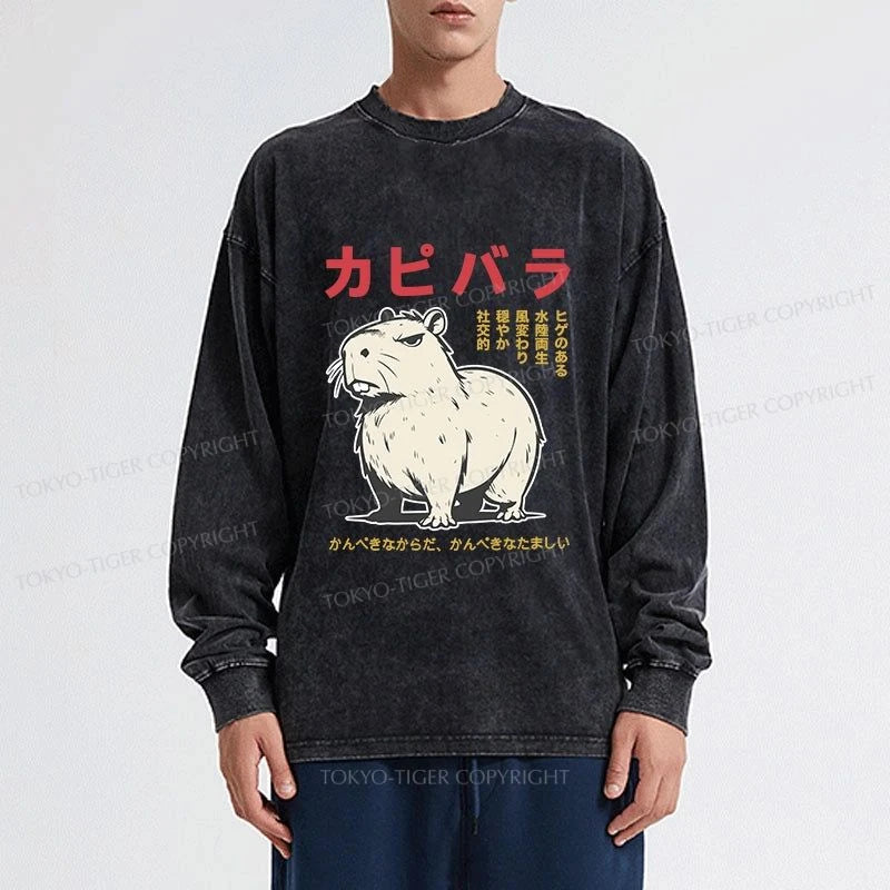 Tokyo-Tiger Angry Capybara Japan Washed Long Sleeve T-Shirt