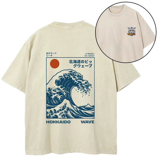 Tokyo-Tiger Hokkaido Wave Japan Front Back Washed T-Shirt