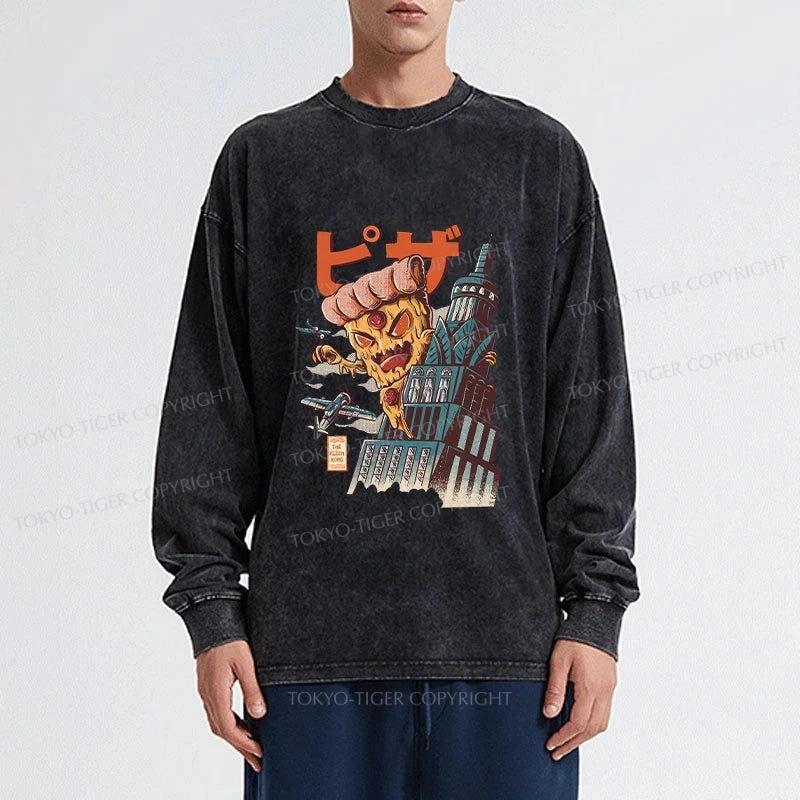 Tokyo-Tiger Great Pizza Kaiju Japanese Washed Long Sleeve T-Shirt