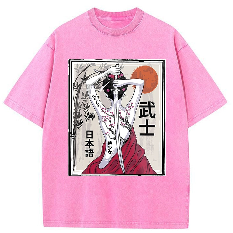 Tokyo-Tiger Japanese Samurai Scenery Washed T-Shirt