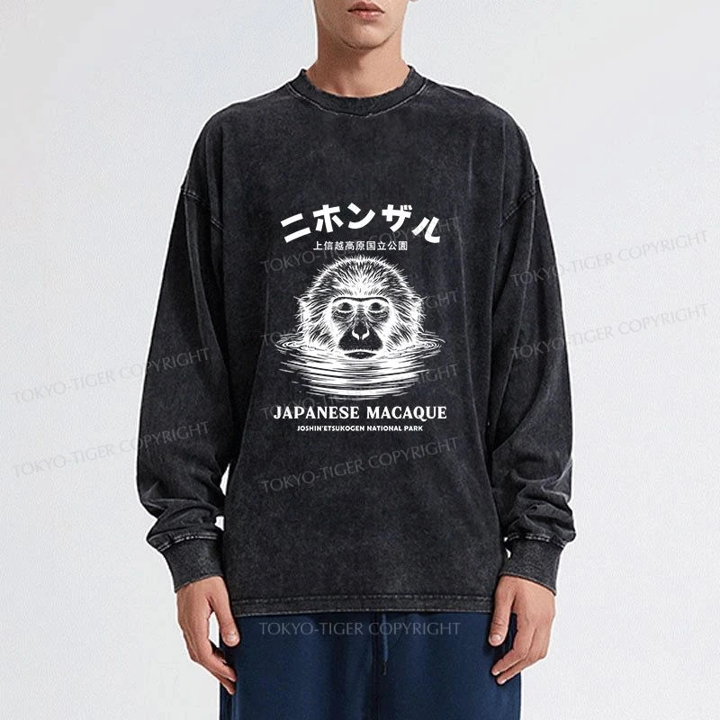 Tokyo-Tiger The Macaque Monkey In The Bath Japanese Washed Long Sleeve T-Shirt