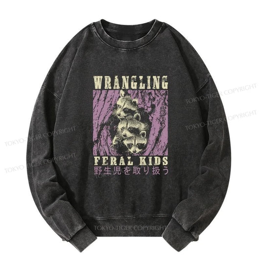 Tokyo-Tiger Wrangling Feral Raccoon Kids Washed Sweatshirt