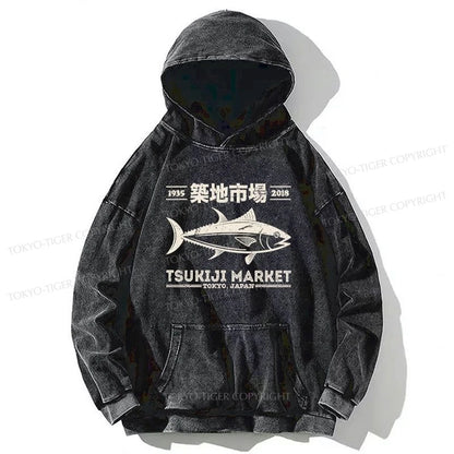 Tokyo-Tiger Retro Tsukiji Fish Market Streetwear Tokyo Washed Hoodie