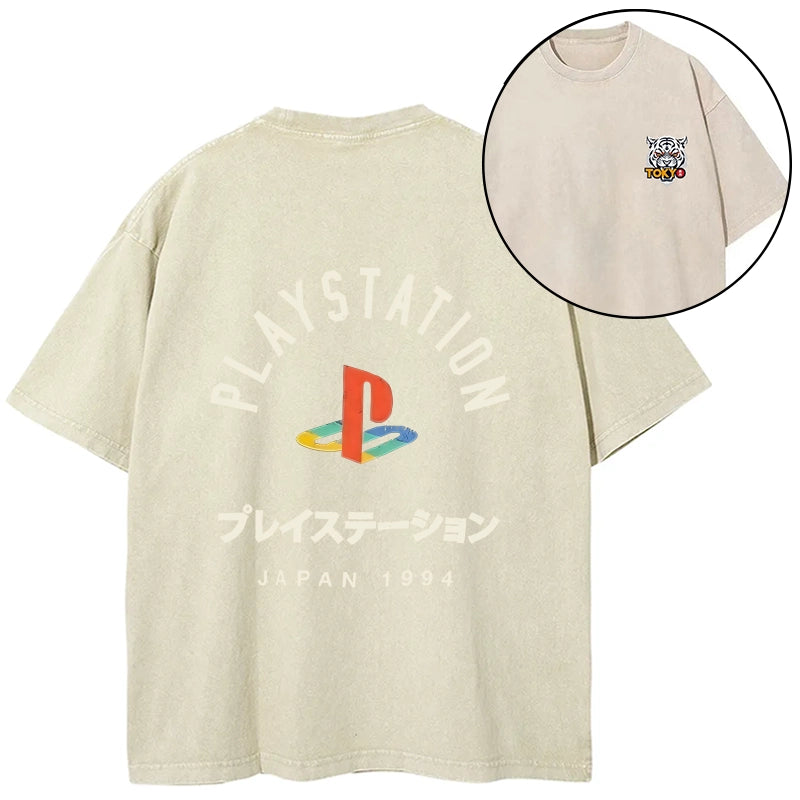 Tokyo-Tiger PlayStation Logo Japan Front Back Washed T-Shirt