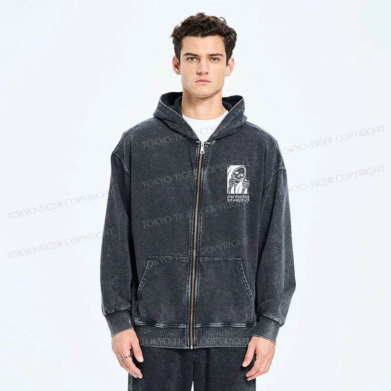 Tokyo-Tiger Stay Positive Skeleton Washed Zip Hoodie