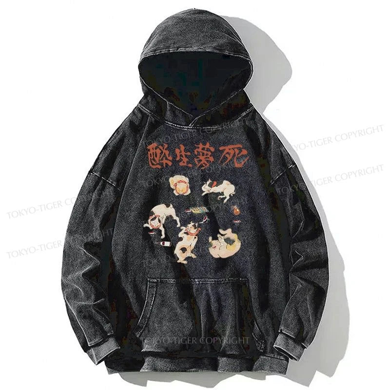 Tokyo-Tiger Drunken Cats Washed Hoodie