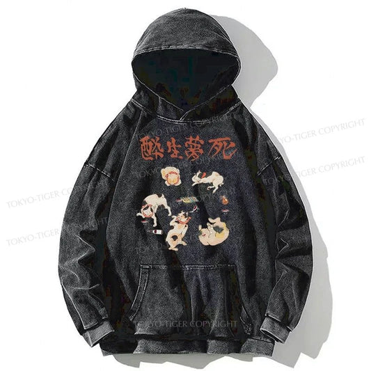 Tokyo-Tiger Drunken Cats Washed Hoodie