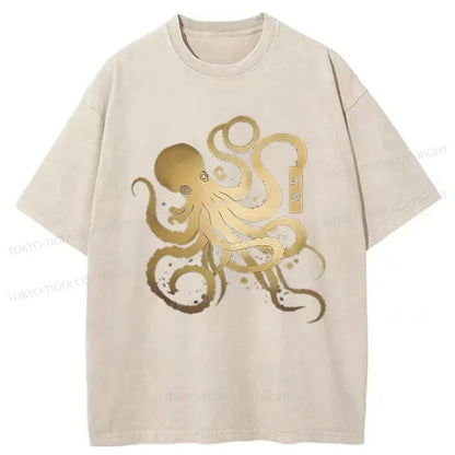 Tokyo-Tiger Japanese Calligraphy Version Of Octopus Washed T-Shirt